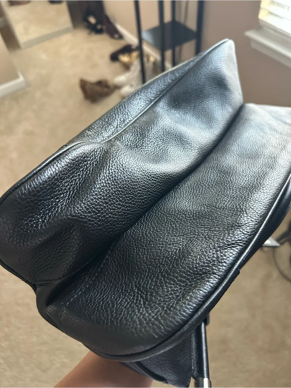 Structured Black Leather Satchel with Polished Hardware